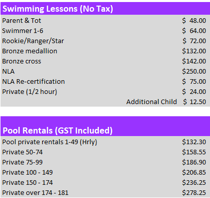 Swimming Lesson and Pool Rental Pricing